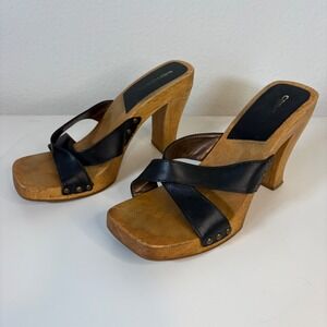 Candies Vintage 90s Black Leather Wood Platform Sandals Chunky Block Heel Size 8